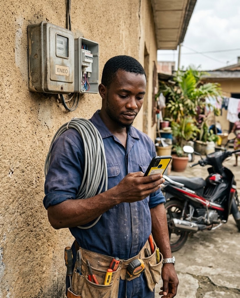 Un électricien à Douala consulte Waka Terrain devant un compteur ENEO